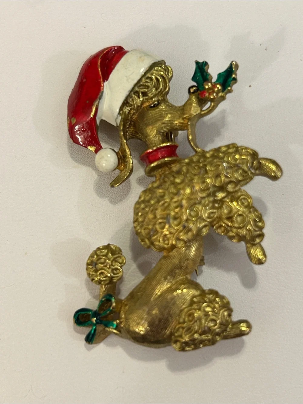 Gold Poodle Holiday Brooch with Red Santa Hat and Green Holly